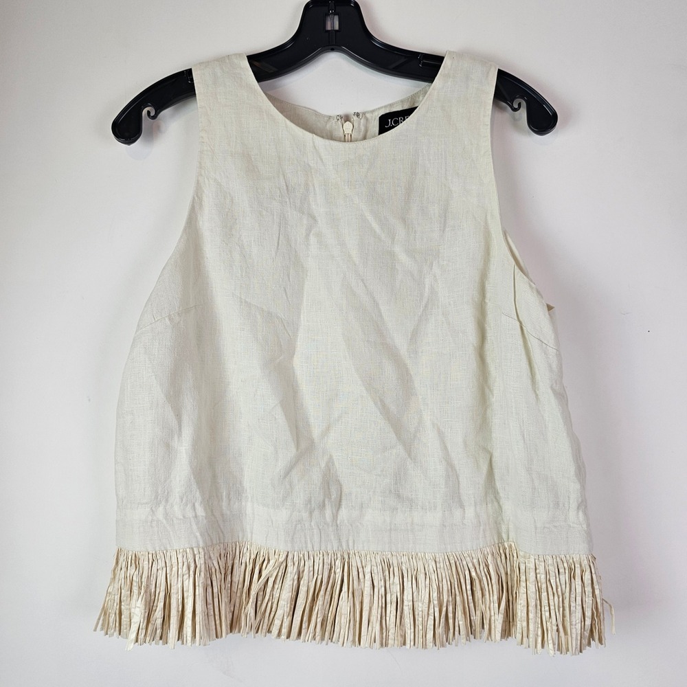 J.Crew Collection Ivory Linen Raffia Fringe Hem Sleeveless Top BR740 Womens M